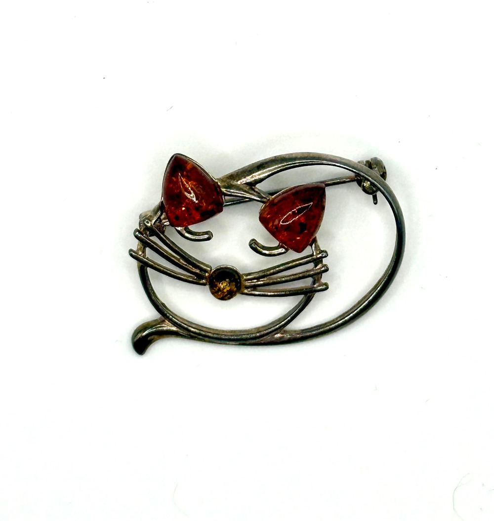 Sterling Silver Cheshire Cat Brooch Pin Natural Baltic Amber Ears 1.5" x 1.25"